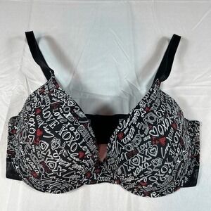 XOXO Bra 36D Black White Red Love Print Underwire Padded Valentine Lingerie Sexy